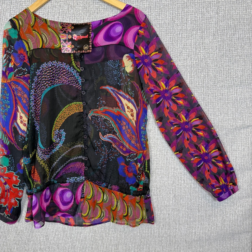 Desigual Sz M Floral Print Blouse Button Down LS Multicolor Sheer Statement - Picture 12 of 16